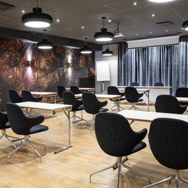 Konferensrum med ljust parkettgolv, mörka tygstolar, vita bord, fototapet, svarta lampor i taket